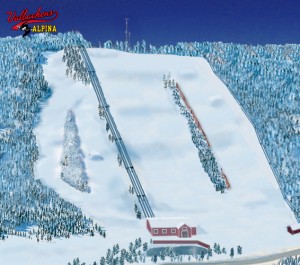 Pistkarta över Valbackens Alpina med samtliga nedfarter och liftar